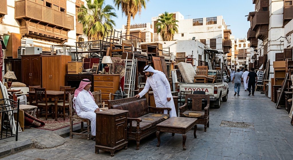 طاقم عمل متخصص يقوم بتقييم وتحميل أطقم كنب خشبية وأجهزة كهربائية مستعملة من داخل شقة في منطقة الفنطاس إلى سيارة النقل
